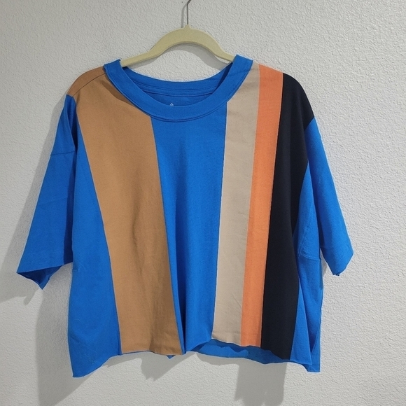 Free People Movement Inspire Oversize Cropped Tee Vertical Stripes Blue, NWOT - Picture 1 of 6